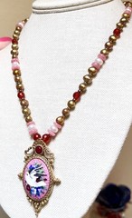 LOVELY Gold-Fill Rhodochrosite, Carnelian, Pearl Victorian Dove, Floral Necklace