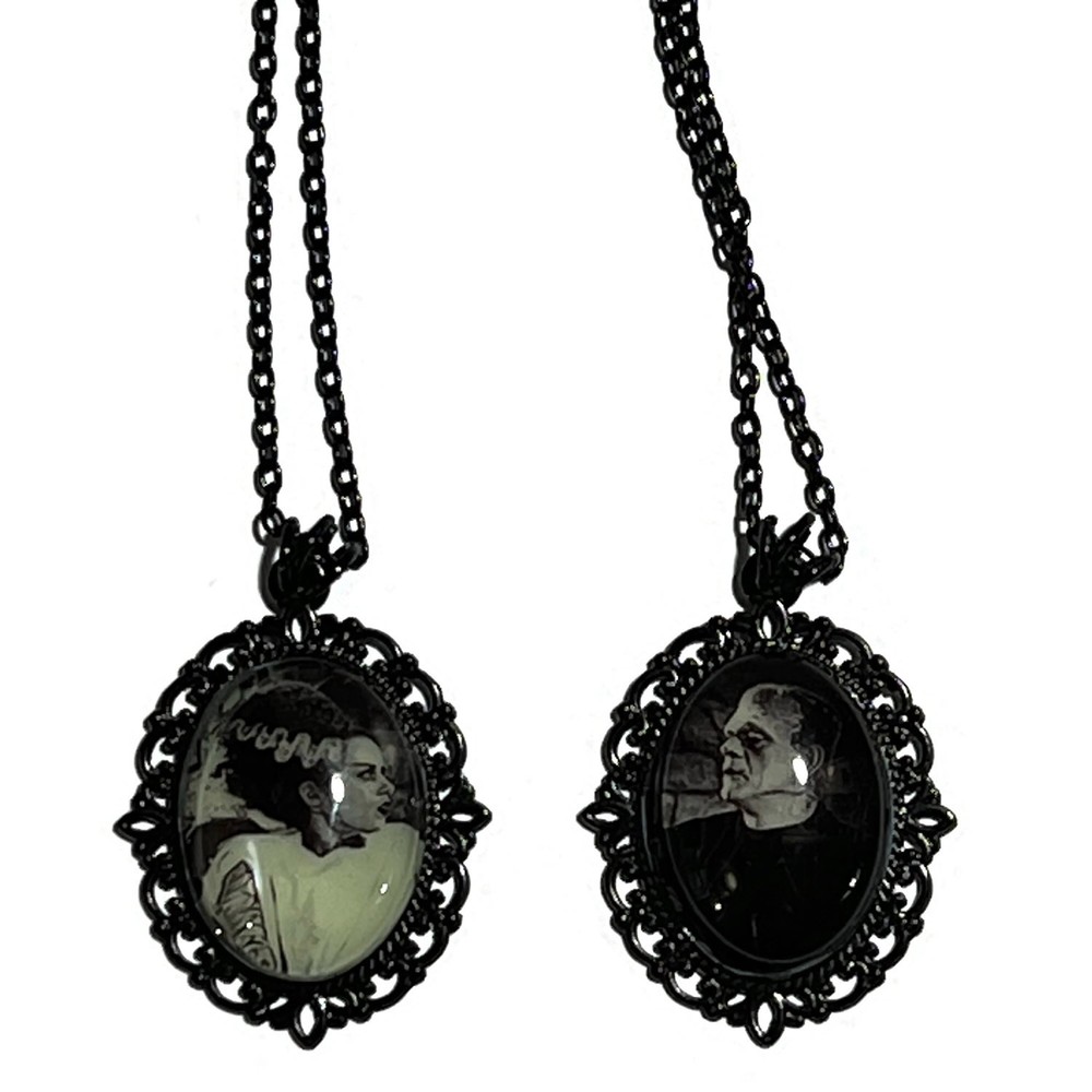 Frankenstein’s Monster & Bride Green Glow in Dark Couples Necklace or Earrings