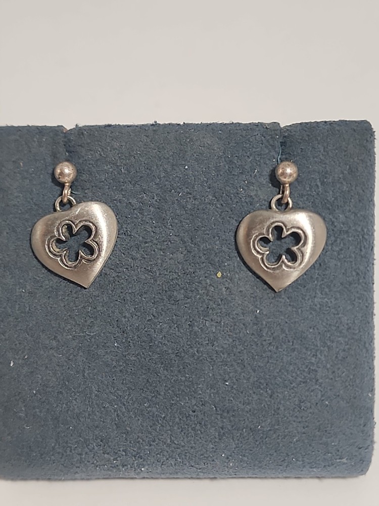Vintage Pewter Heart & Flower Pierced Earrings Made In Sweden