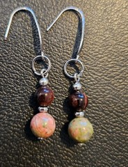 Handmade Unakite Red Tiger’s Eye Silver Stainless Steel Drop Earrings #3170