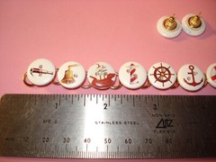 Hand Crafted Nautical Wood Enamel Buttons Bracelet n Post Earrings
