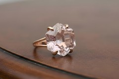 Rose Quartz Ring Anemone Jewelry Hexagon Cut Yellow Gold Solid Pink