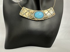 Handmade 925 Statment Necklace Faux Opal Blue / Gold Piece Signed «S.O» or «O.S»