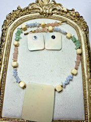 Retro 1980’s MOP Inlay Bold Necklace & Earring Set Colorful Pastel Chunky Lucite