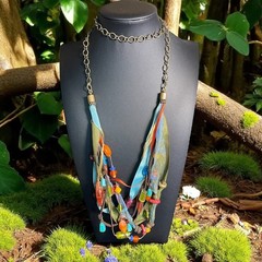 Boho Festival Ribbon Bead Necklace Artisan Handmade Colorful Layered Jewelry