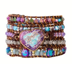 Boho Purple Jasper Stone Heart 5-Layer Beaded Adjustable Rope Wrap Bracelet