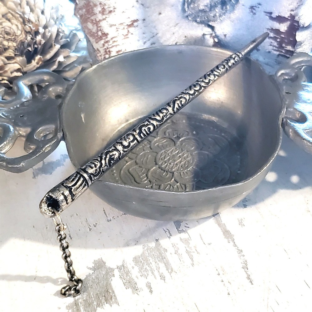 India Tribal Carved Antiqued Sterling Silver Plated Brass 4.75″ Long Hair Stick
