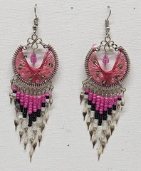 Handmade Large Beaded Thread Moon Shaped Earrings With Long Beaded Dangles