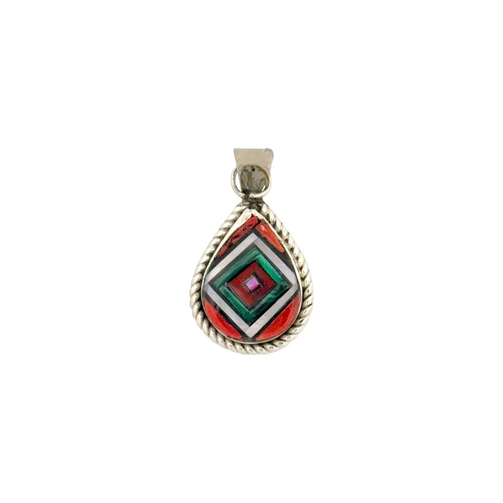 Vernon Vacit, Pendant, Multi-Stone, Sterling Silver, Zuni Handmade, 1 1/2″