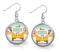 Road Trip Retro Van Earrings Glass Dome Top in 2 Sizes Handcrafted Gift