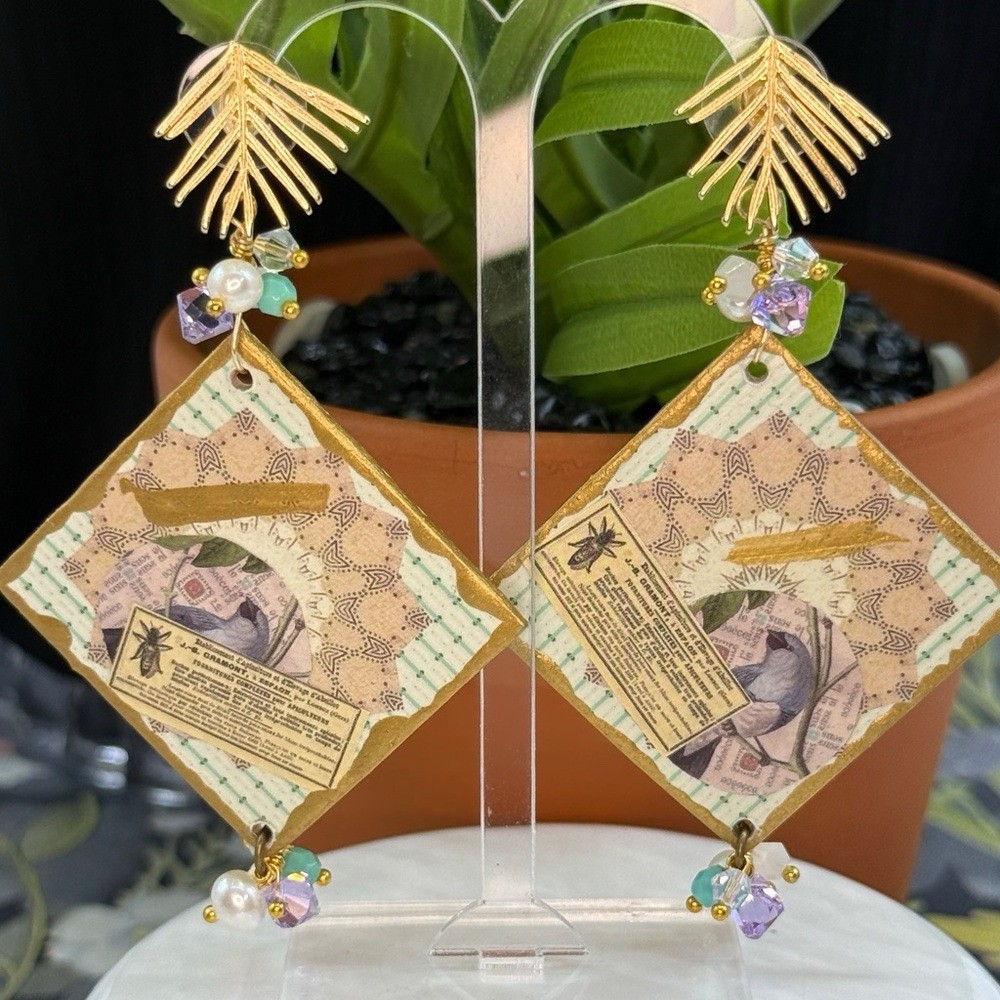 Adorned Crown Jewelry assemblage purple nature wood collage post earrings
