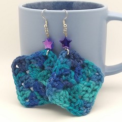 Handmade Crochet Earrings – Macaw Granny Square – Blue Stars – French Hook