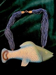 Vintage Handcrafted Blue Green Beaded Necklace Wood Fish Charm Pendant Necklace