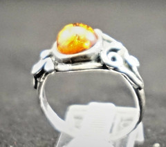 Amber In Sterling Silver Ring, Genuine A grade Cognac Color Amber Round Cabochon