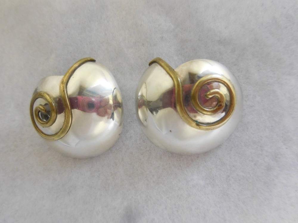 COURTNEY PETERSON STERLING SILVER & BRASS SPIRAL SHELL PIERCED EARRINGS