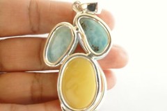 Yellow Baltic Amber Blue Larimar Three Stone 925 Sterling Silver Pendant