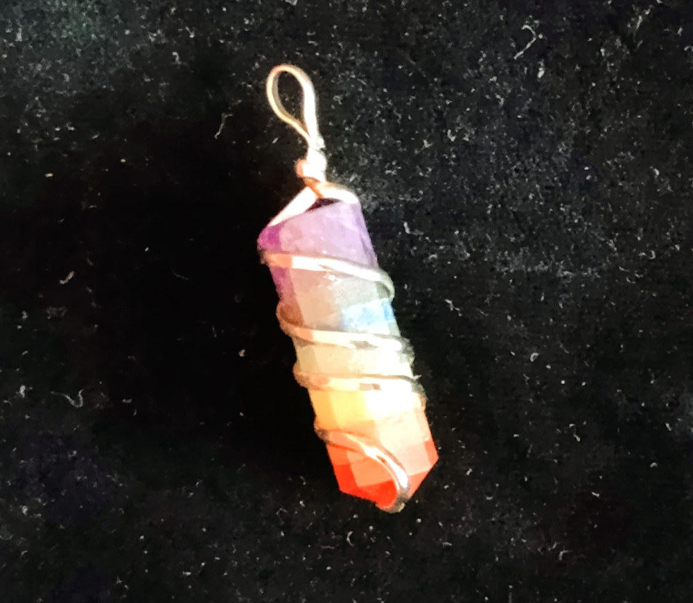 Rainbow Chakra Crystal Wire Wrap Silver Spiral Pendant Handmade Necklace CHARGED