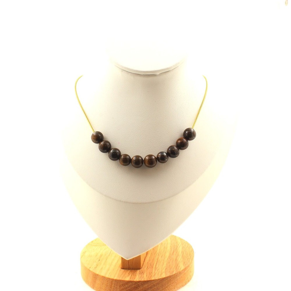 Stones And Minéraux. Necklace 10 Beads Bronzite 0 5/16in Chain Steel Golden