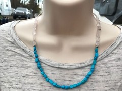 Handmade Beaded Necklace Turquoise Magnesite Chips and Natural Rose Quartz Ovals