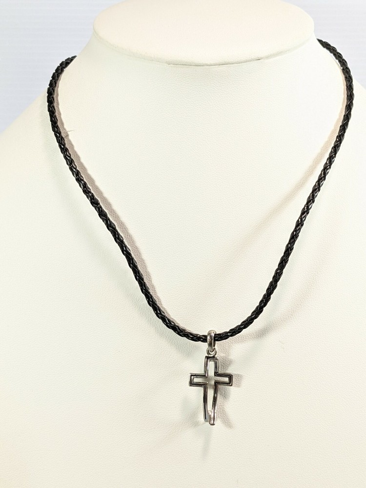 Artisan Black Leather Cord Silver Tone Cut Out Cross Pendant Necklace 20 Inches