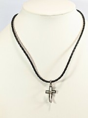 Artisan Black Leather Cord Silver Tone Cut Out Cross Pendant Necklace 20 Inches