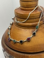 Handmade sterling silver prong set stones red green blue necklace vintage