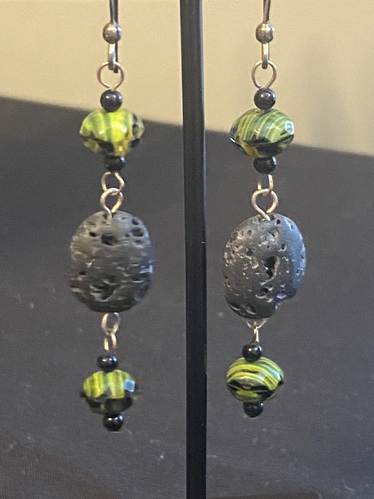 ⬇️Lava Rock and Black/green bead dangle Earrings
