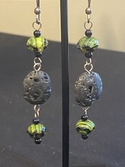 ⬇️Lava Rock and Black/green bead dangle Earrings