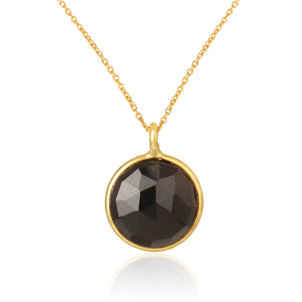 Round Black Onyx Gemstone 18k Gold Plated 925 Silver Handmade Chain Pendant