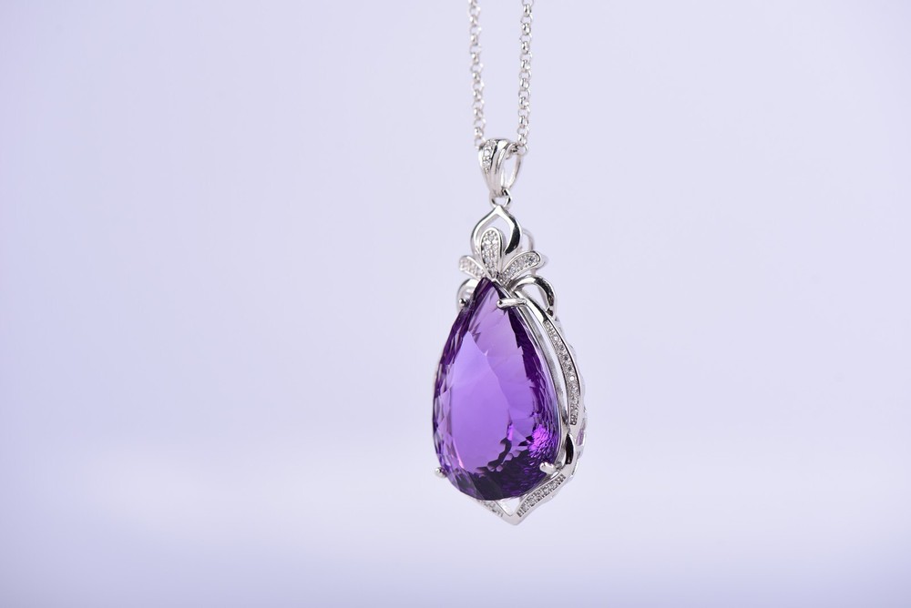 S925 Silver Water Drop Cut Natural Uruguay Amethyst Pendant, 19×45.5mm