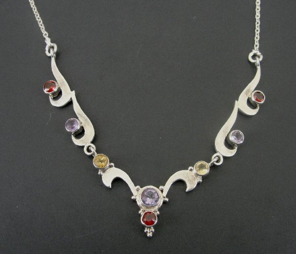 Multi Color Stones V Shape Swirls Sterling 925 Silver Necklace 16″ Long