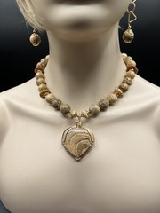 GOLD WIRE WRAPPED PICTURE JASPER HEART PENDANT NECKLACE EARRING SET