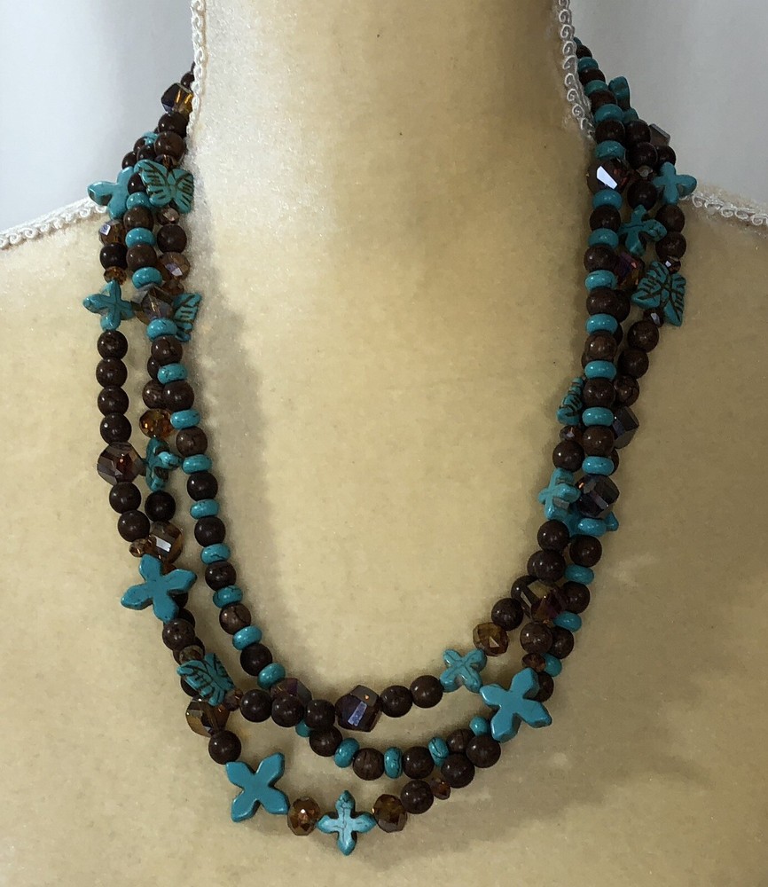 Artisan Necklace Southwest Beaded Blue & Brown Cross Multi Strand – 24 in Length