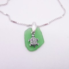 Jade Green Sea Glass Necklace with Turtle Charm