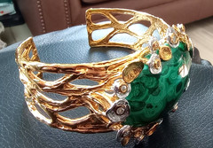 Green malachite topaz GP/sterling brutalist style bracelet (Barthe) and necklace