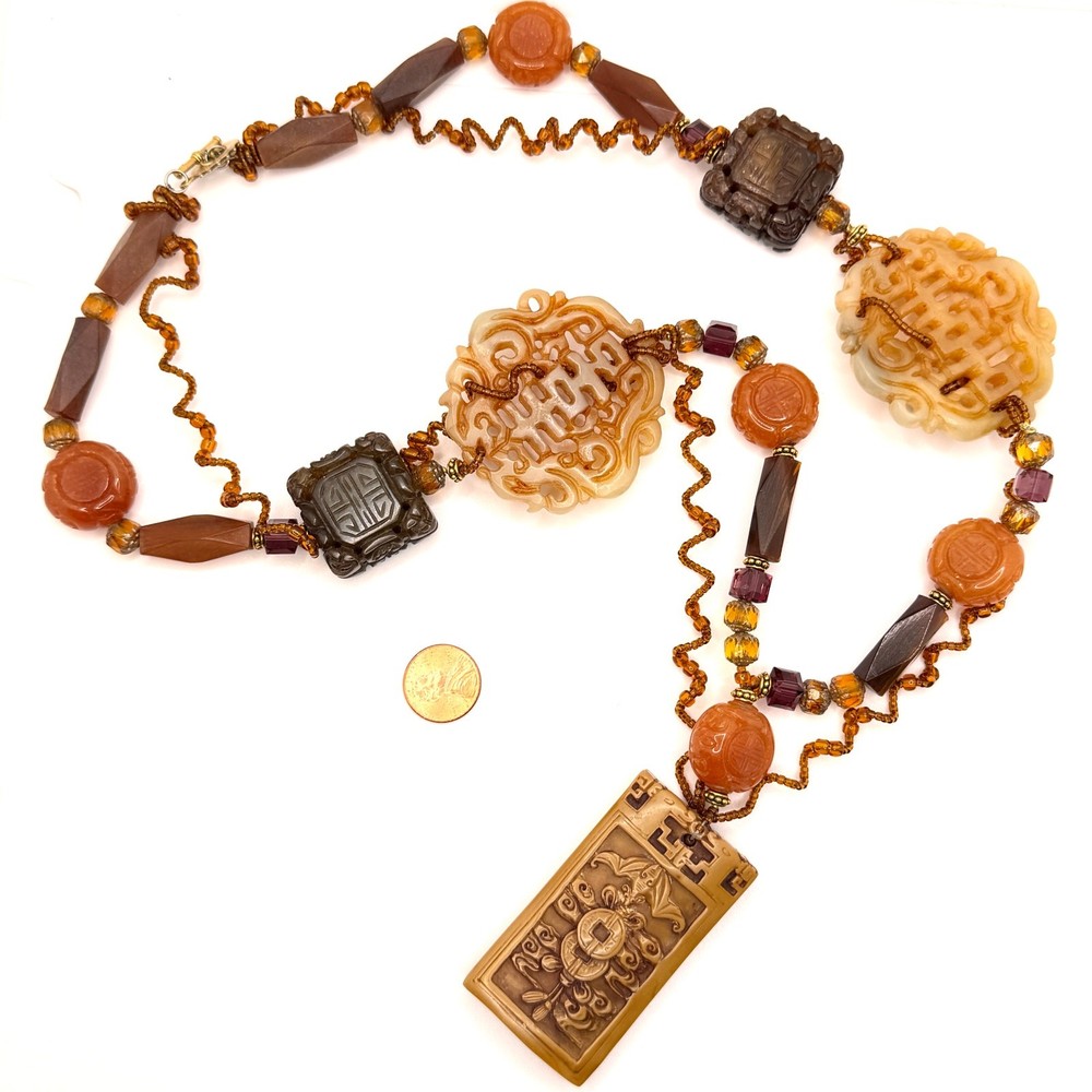 Vintage 90s Earthy Brown Resin Jade Carnelian Deity Statement Necklace