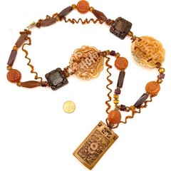 Vintage 90s Earthy Brown Resin Jade Carnelian Deity Statement Necklace