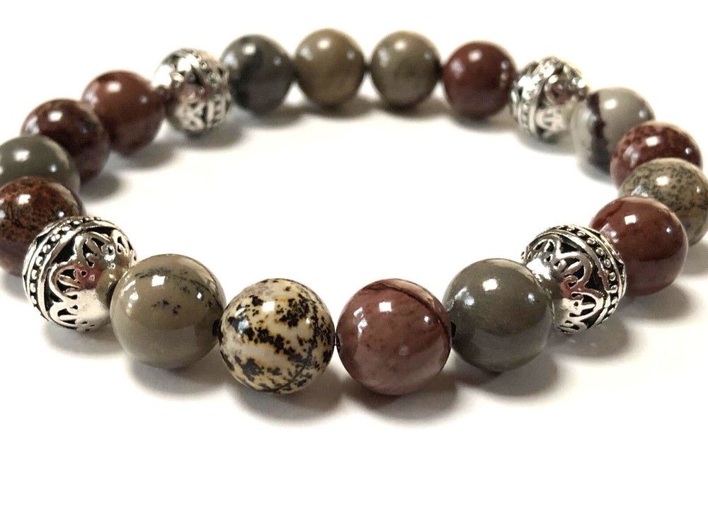 Handmade 10mm Chohua Jasper Gemstone & .925 Silver Bead Bracelet