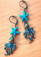 BLUE PATINA OCTOPUS shape HOWLITE earring BRONZE LEVER BACK handcrafted ACTA