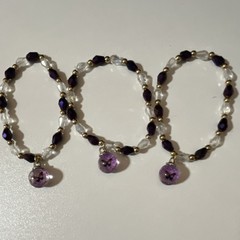 Purple, White, and Gold Beaded Charm Bracelets Set of 3 with Glass Dangle Charms