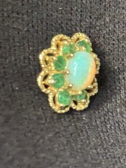 Vintage 14K Solid Gold Precious Gemstone Flower Pendant Emerald Ethiopian Opal