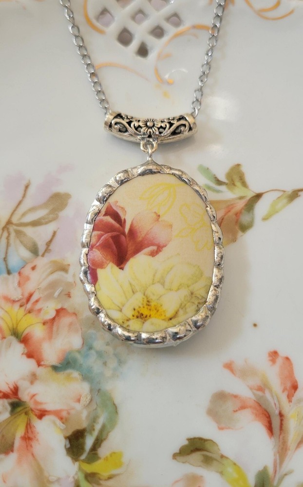 Upcycled Broken China Necklace, Yellow and Pink Floral Pendant