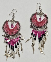 Handmade Large Beaded Thread Moon Shaped Earrings With Long Beaded Dangles