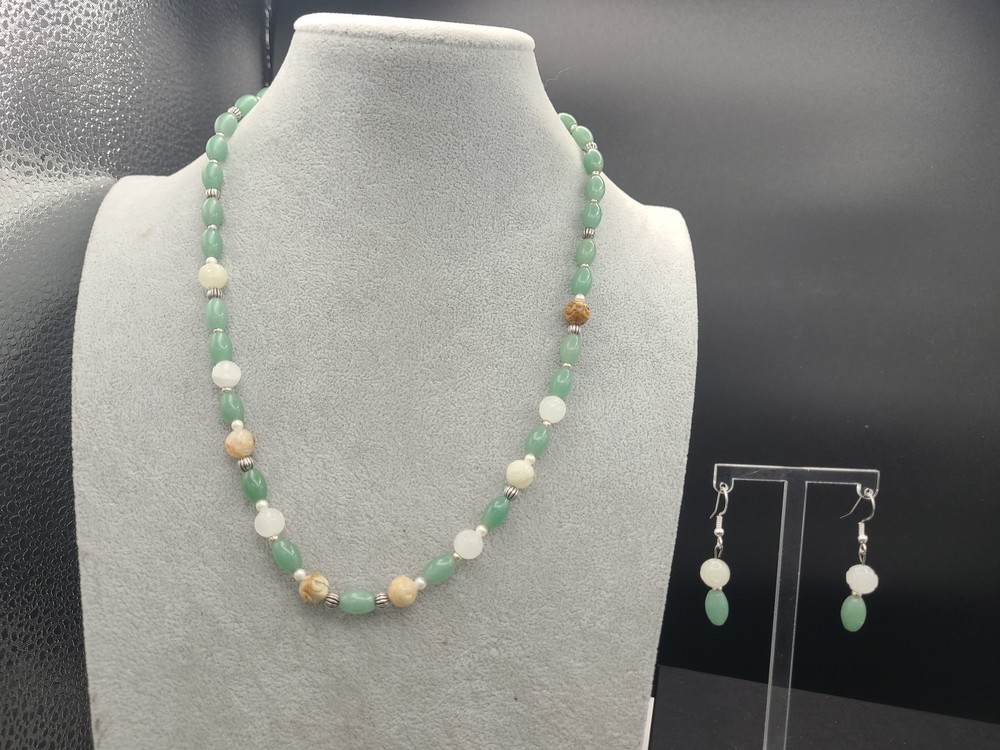 Gemstone Bead Earrings & 21″ Necklace Aventurine, Carved Quartz & Faux Pearls