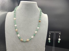 Gemstone Bead Earrings & 21″ Necklace Aventurine, Carved Quartz & Faux Pearls