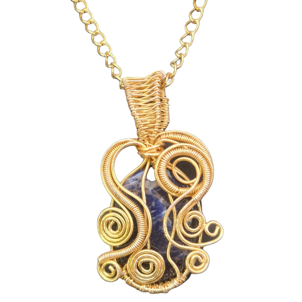 Natural Sodalite Gold Plated Handmade Pendant Wire wrapped Jewelry 2.38 Inch