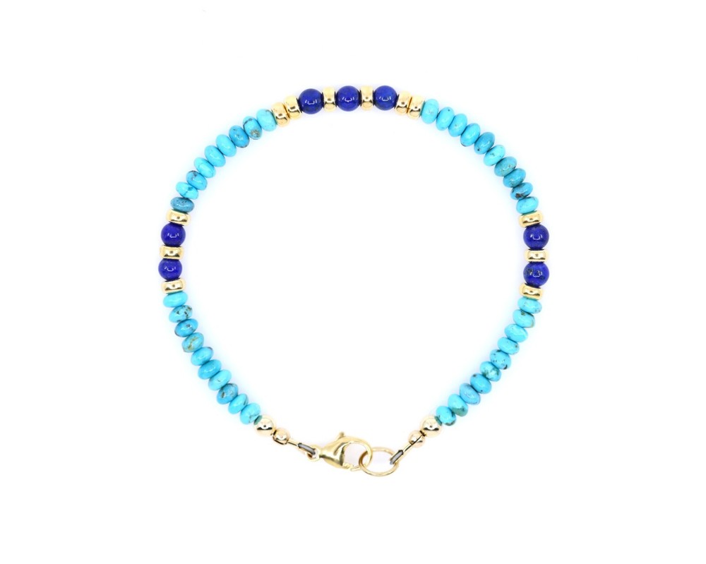 Kingman Turquoise and Blue Lapis Bracelet with 14k Solid Gold Accents