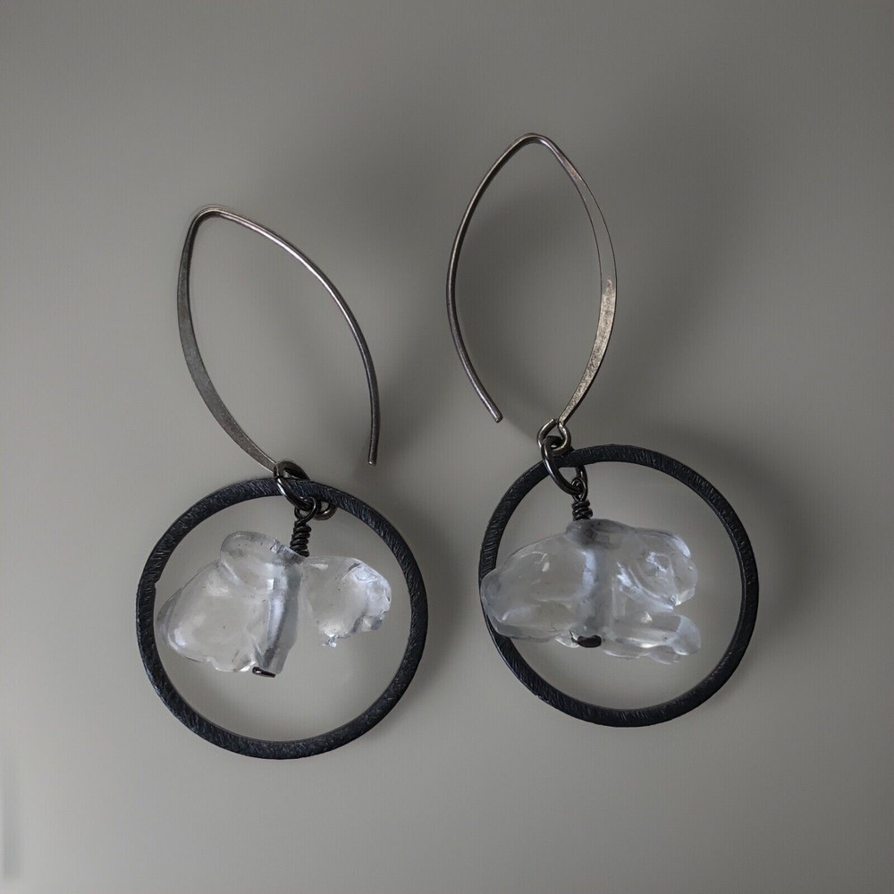 Artisan Bunny Carved Crystal Sterling Silver Dangle Earrings 2 1/4” L