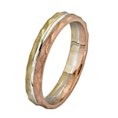 Wedding Ring In 14k Tri Color Gold Hammered Stripes Matte-Finish Solid Jewelry