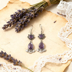 Amethyst Dangle Earrings Handmade Antique Silver Boho Style Jewelry Gift
